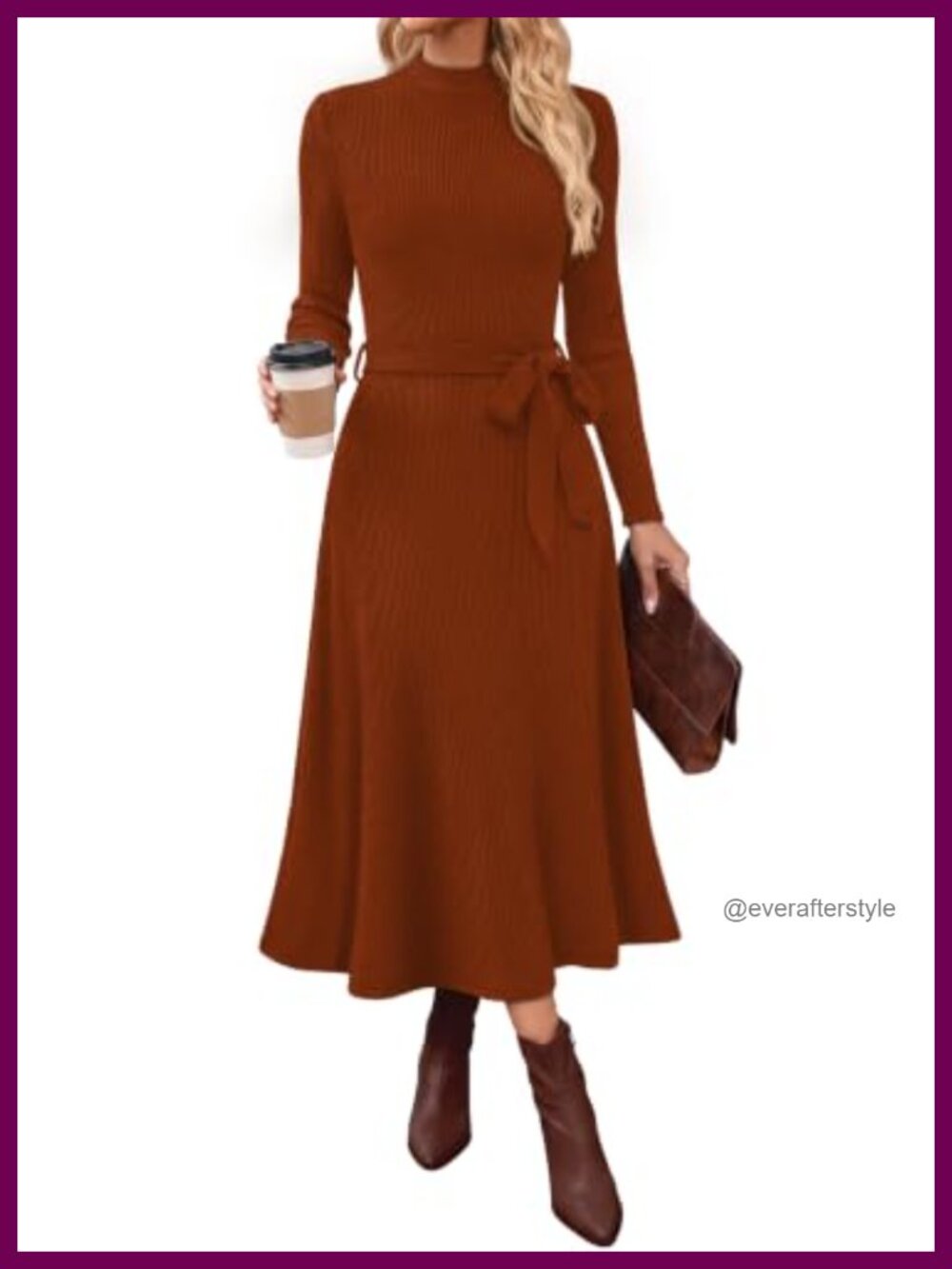 Ribbed Knit Midi Dress Mock Neck Long Sleeve Tie Waist A-Line with Pockets